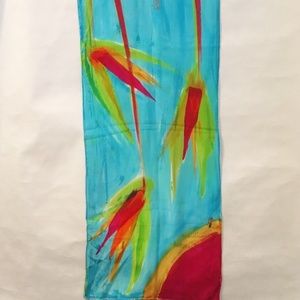 Hand Painted Silk Scarf Blue Oblong Womens Wrap Bird Of Paradise Unique New Gift